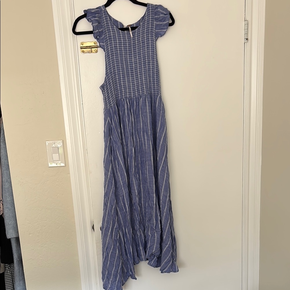 Free People Blue and White Chambray Butterflies Midi Dress - M